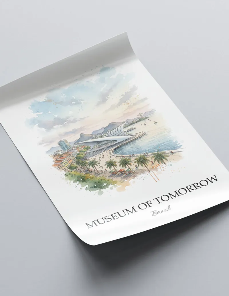 Minimalist poster of Museum of Tomorrow in Brazil in a light frame standing on the floor in a dark moody interior.