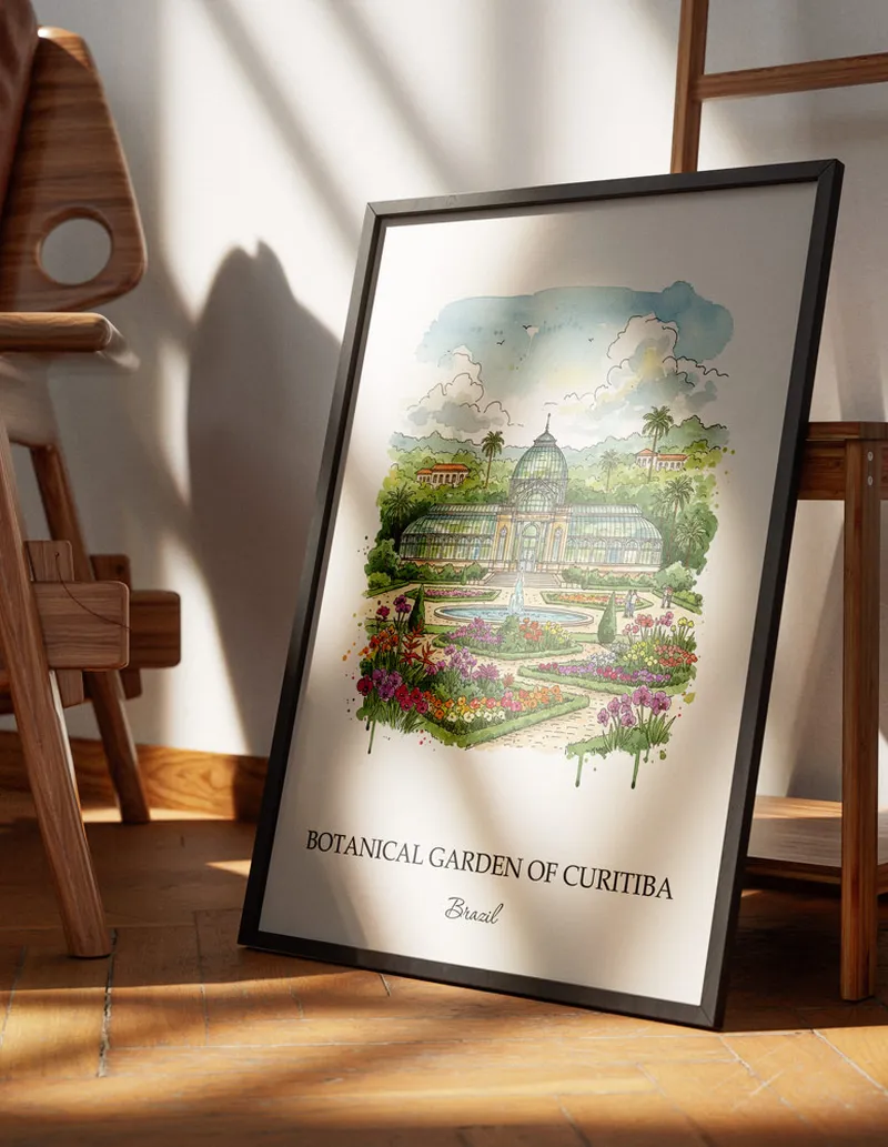 Minimalist poster of Botanical Garden of Curitiba in Brazil in a light frame standing by a window in a boho style room.