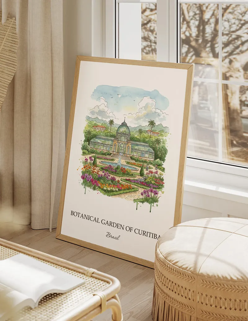 Vintage travel poster of Botanical Garden of Curitiba, Brazil in a light frame displayed above a sofa in a bright boho interior.