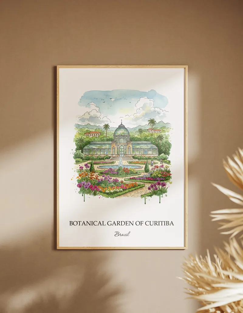 Framed wall art featuring Botanical Garden of Curitiba in Brazil in a light wood frame leaning on the floor.
