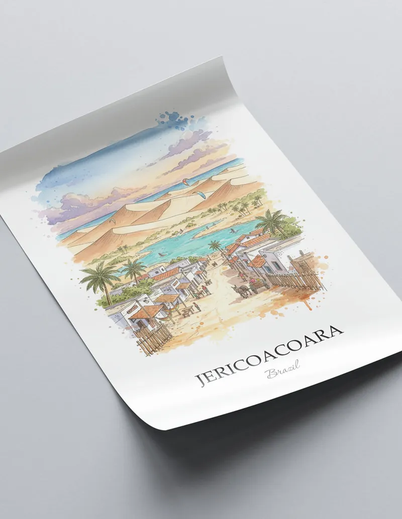 Minimalist poster of Jericoacoara in Brazil in a light frame standing on the floor in a dark moody interior.
