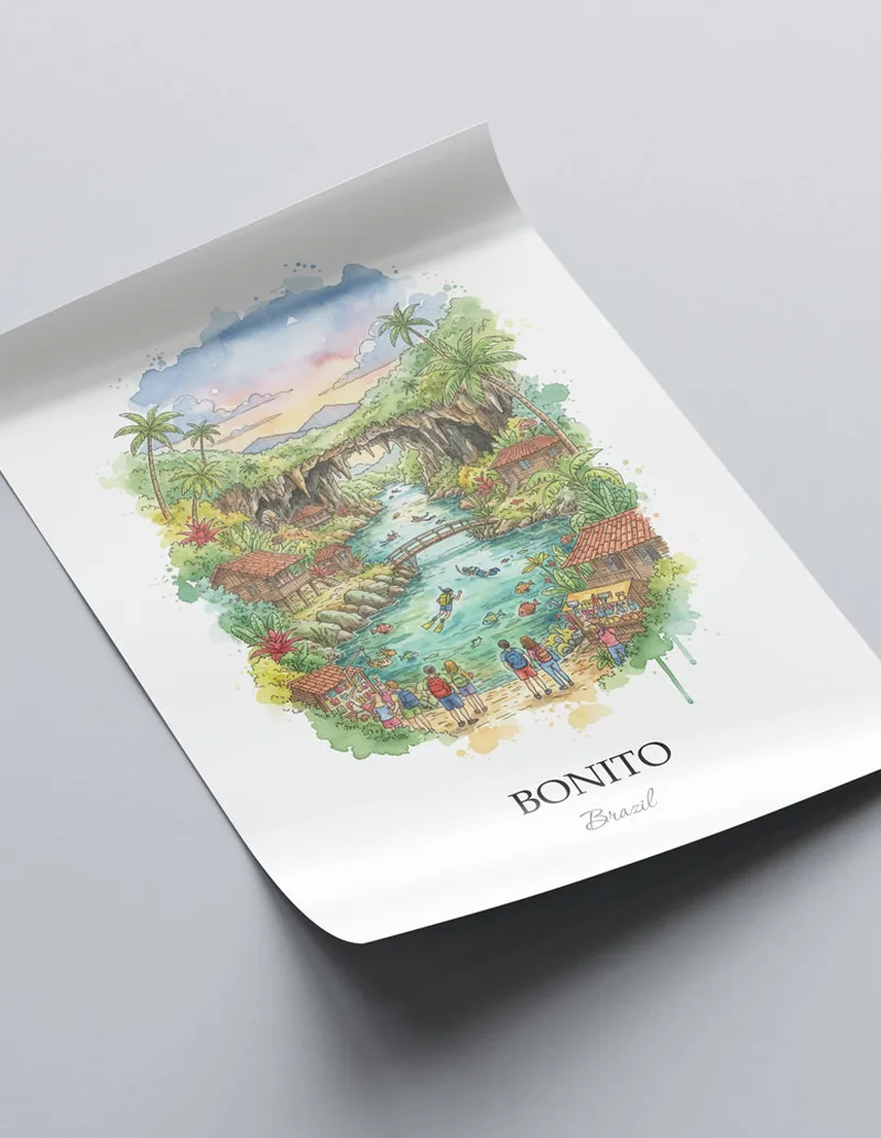 Minimalist poster of Bonito in Brazil in a light frame standing on the floor in a dark moody interior.