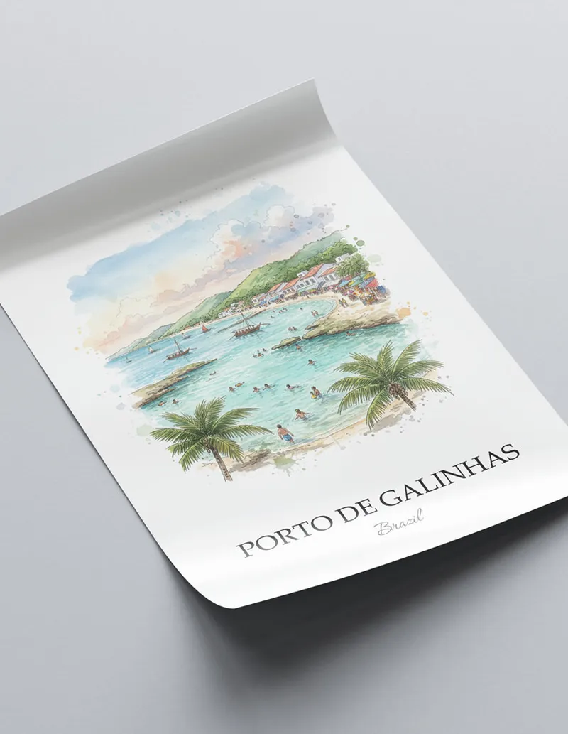 Minimalist poster of Porto de Galinhas in Brazil in a light frame standing on the floor in a dark moody interior.