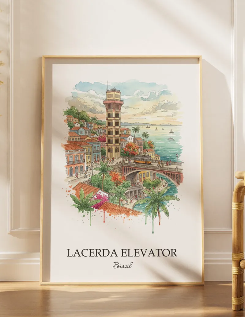 A lovely interior preview showcasing a vintage-vibe travel poster design of the scenic Lacerda Elevator in Brazil.