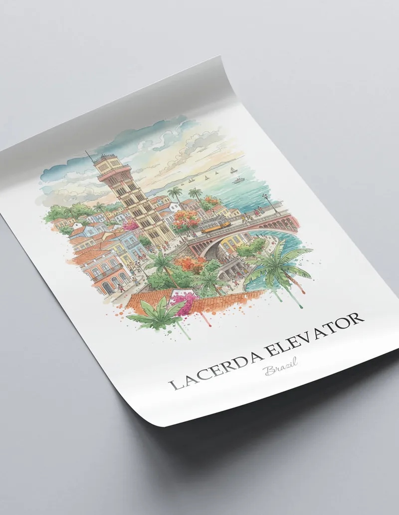 Minimalist poster of Lacerda Elevator in Brazil in a light frame standing on the floor in a dark moody interior.