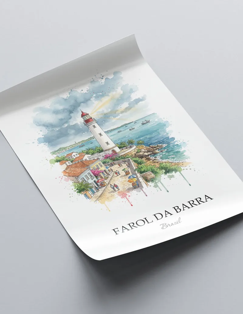 Minimalist poster of Farol da Barra in Brazil in a light frame standing on the floor in a dark moody interior.