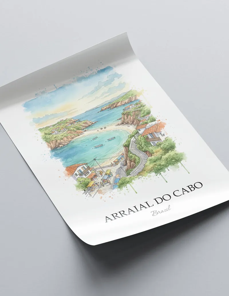 Minimalist poster of Arraial do Cabo in Brazil in a light frame standing on the floor in a dark moody interior.