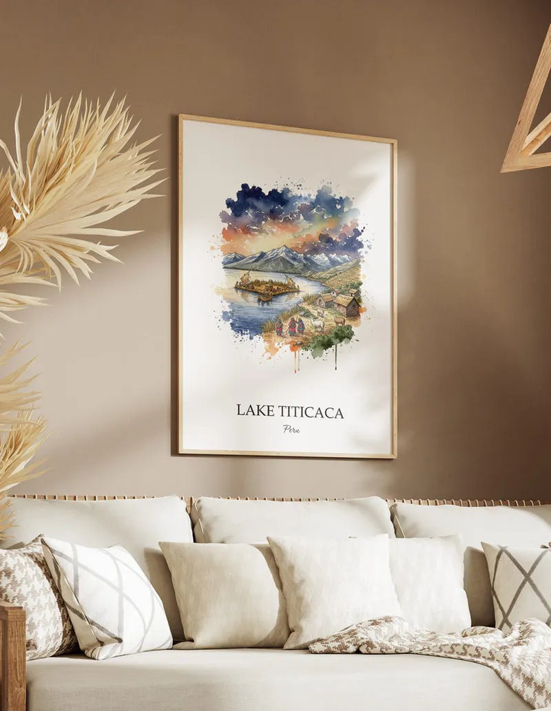 Cozy, well-lit workspace with a minimalist poster of Lake Titicaca, Peru in a light frame sitting on the desk.