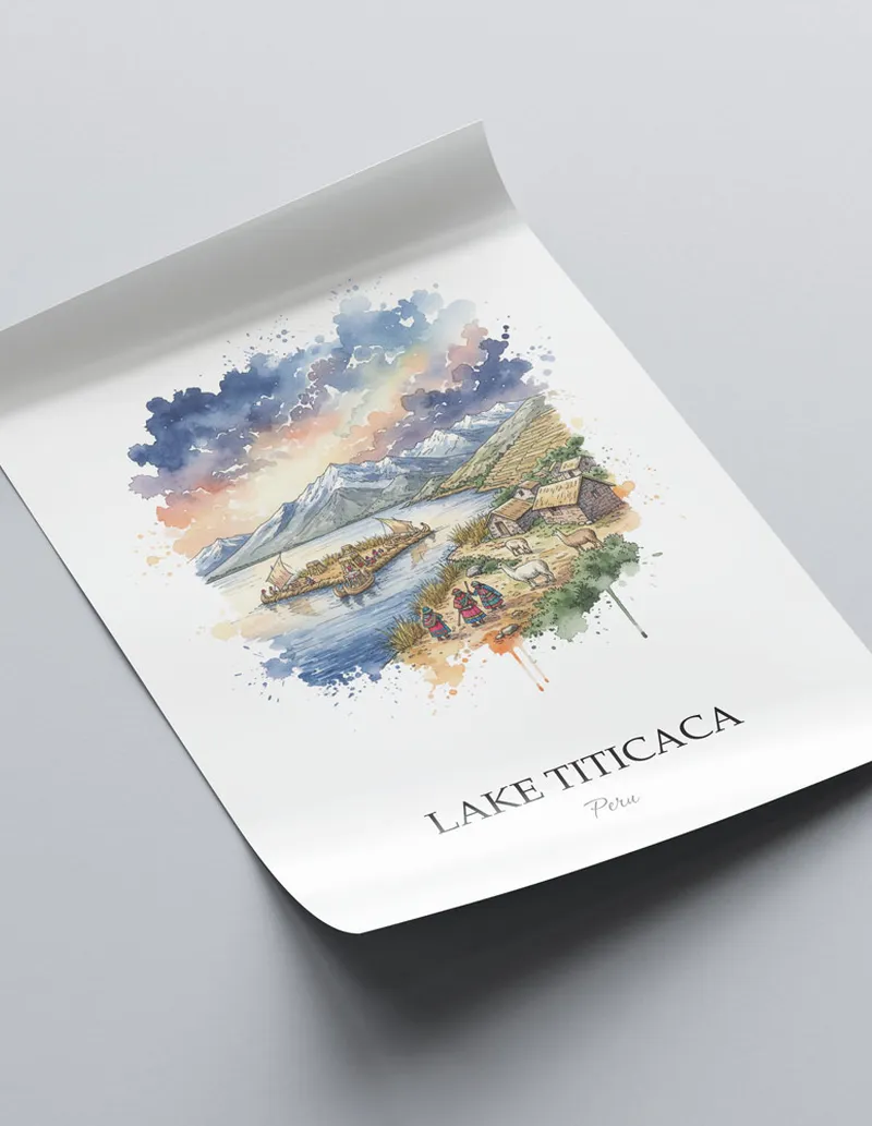 Minimalist poster of Lake Titicaca in Peru in a light frame standing on the floor in a dark moody interior.