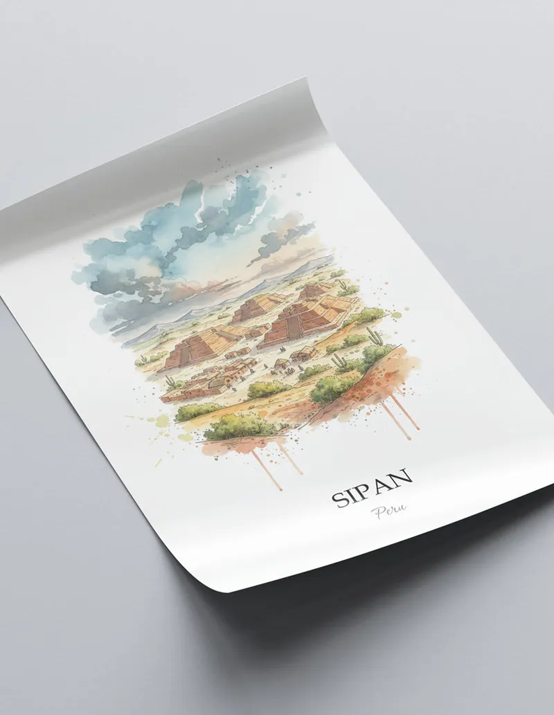 Minimalist poster of Sipan in Peru in a light frame standing on the floor in a dark moody interior.