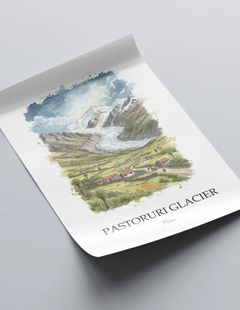 Minimalist poster of Pastoruri Glacier in Peru in a light frame standing on the floor in a dark moody interior.