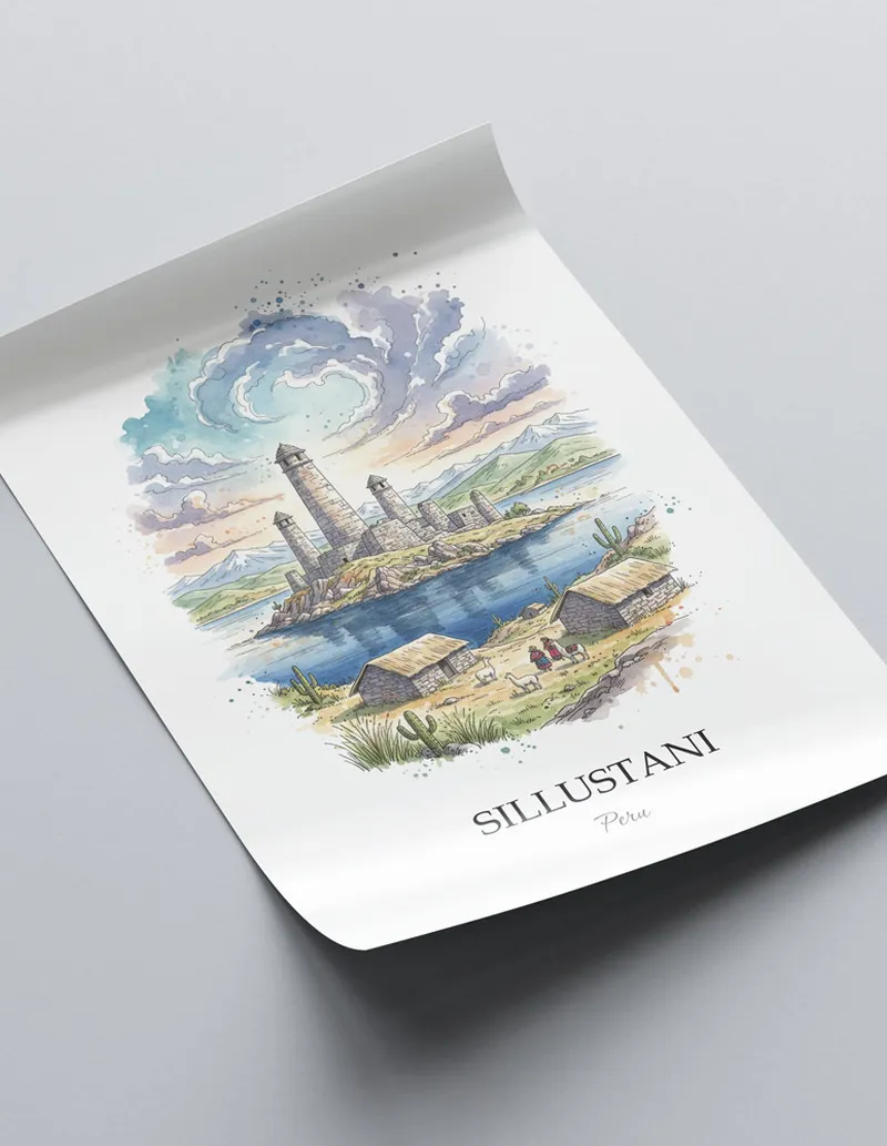 A close-up of a high-quality paper print featuring the Sillustani in Peru minimalist design.