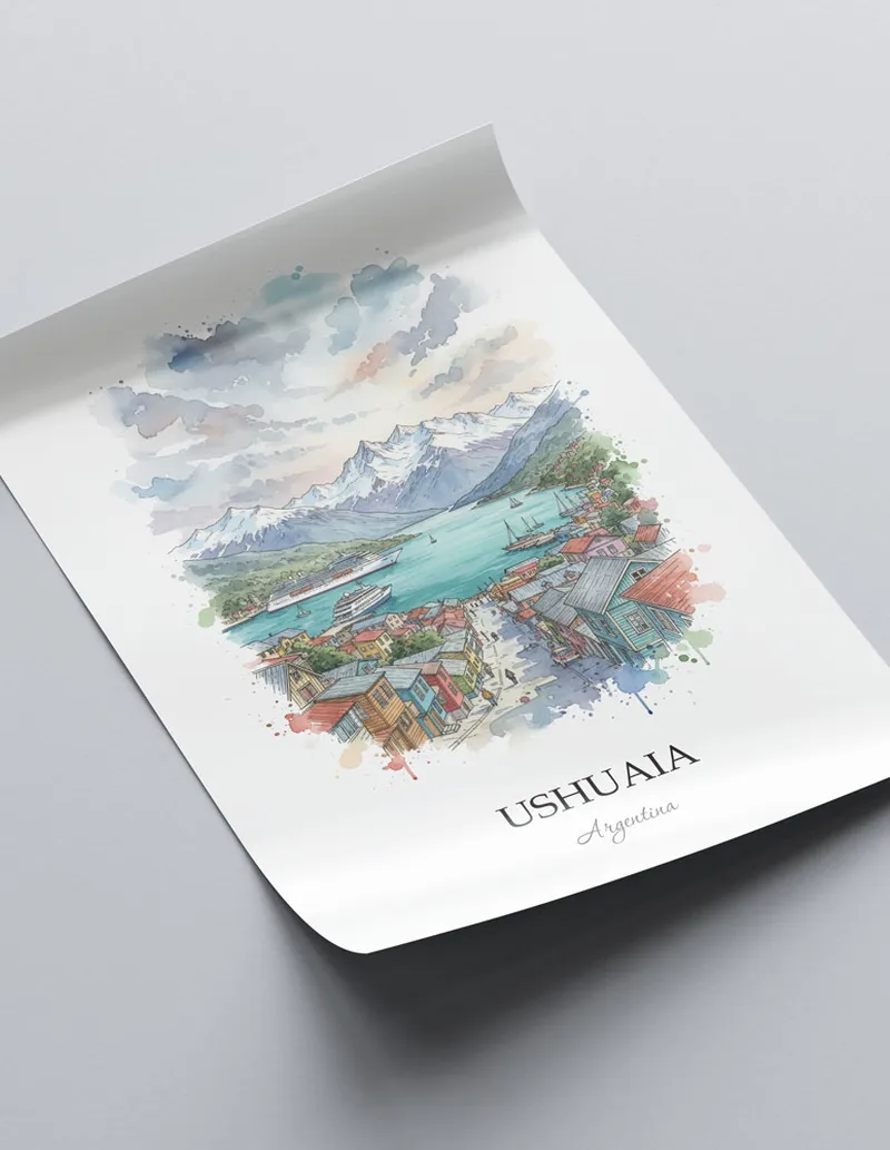A close-up of a high-quality paper print featuring the Ushuaia in Argentina minimalist design.