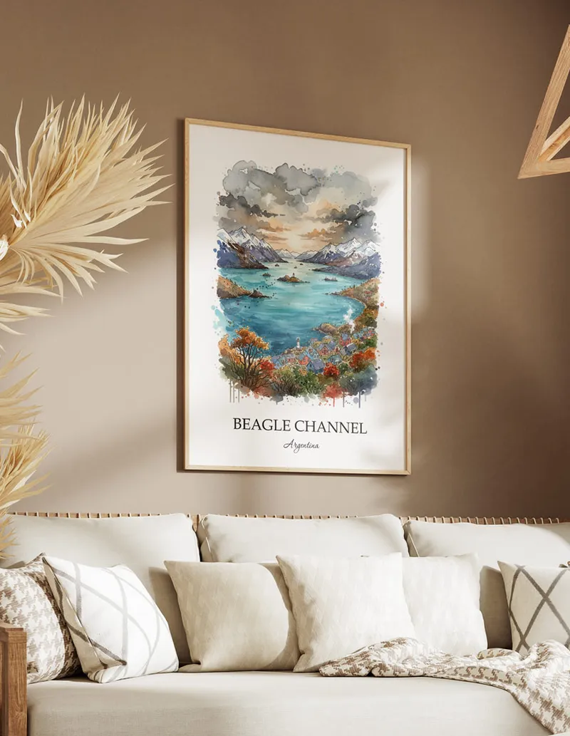 Vintage travel poster of Beagle Channel, Argentina in a light frame displayed above a sofa in a bright boho interior.