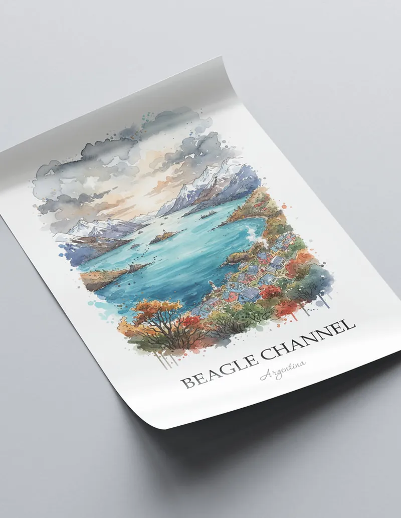 A close-up of a high-quality paper print featuring the Beagle Channel in Argentina minimalist design.