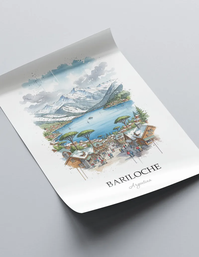 A close-up of a high-quality paper print featuring the Bariloche in Argentina minimalist design.