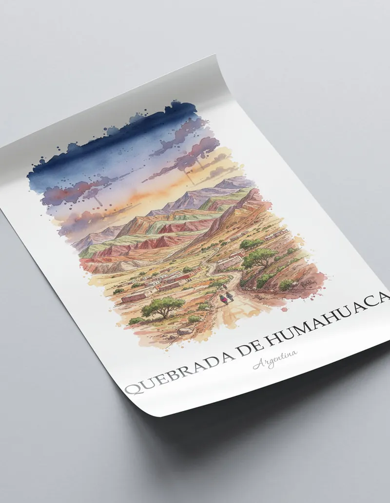 A close-up of a high-quality paper print featuring the Quebrada de Humahuaca in Argentina minimalist design.