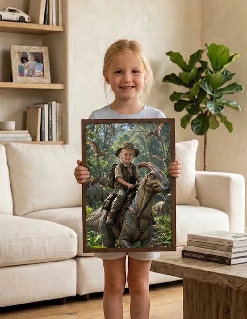 Girl proudly holding her custom framed dinosaur poster CUS002 featuring her own photo riding a dinosaur by UKTravelArt.