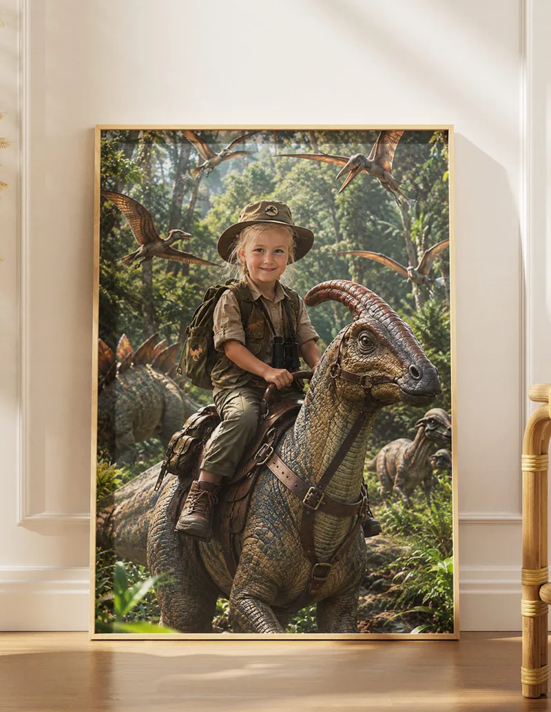 Deluxe gold framed custom dinosaur poster CUS002 displayed in an elegant room setting by UKTravelArt.