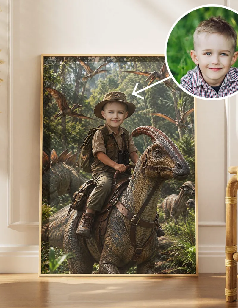 Step-by-step custom dinosaur poster photo upload mockup CUS002 by UKTravelArt.