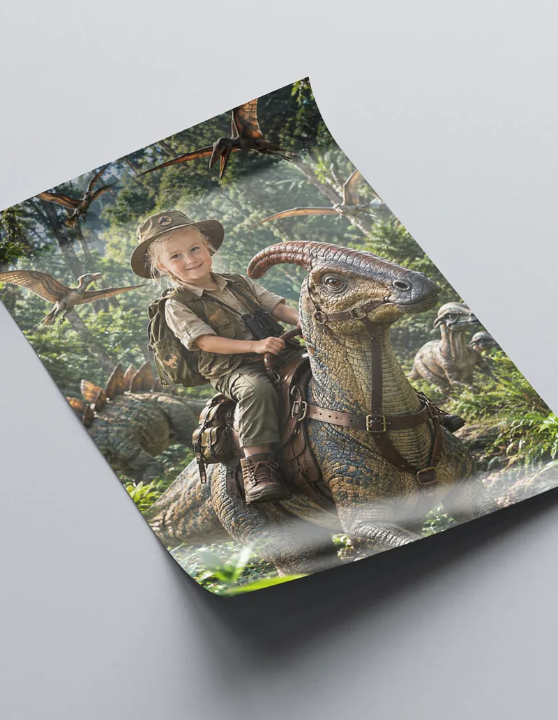 Close-up paper print mockup of custom dinosaur rider art CUS002 on smooth matte paper by UKTravelArt.