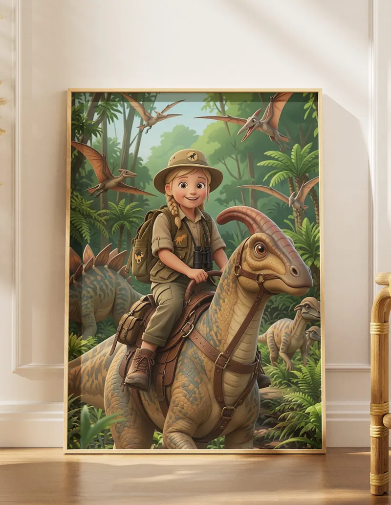 Gilded gold frame mockup of custom dinosaur rider poster CUS003 against white paneling by UKTravelArt.
