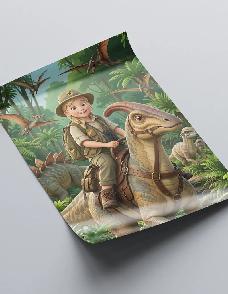Matte paper mock-up of custom dinosaur poster CUS003 showing curl and paper texture by UKTravelArt.